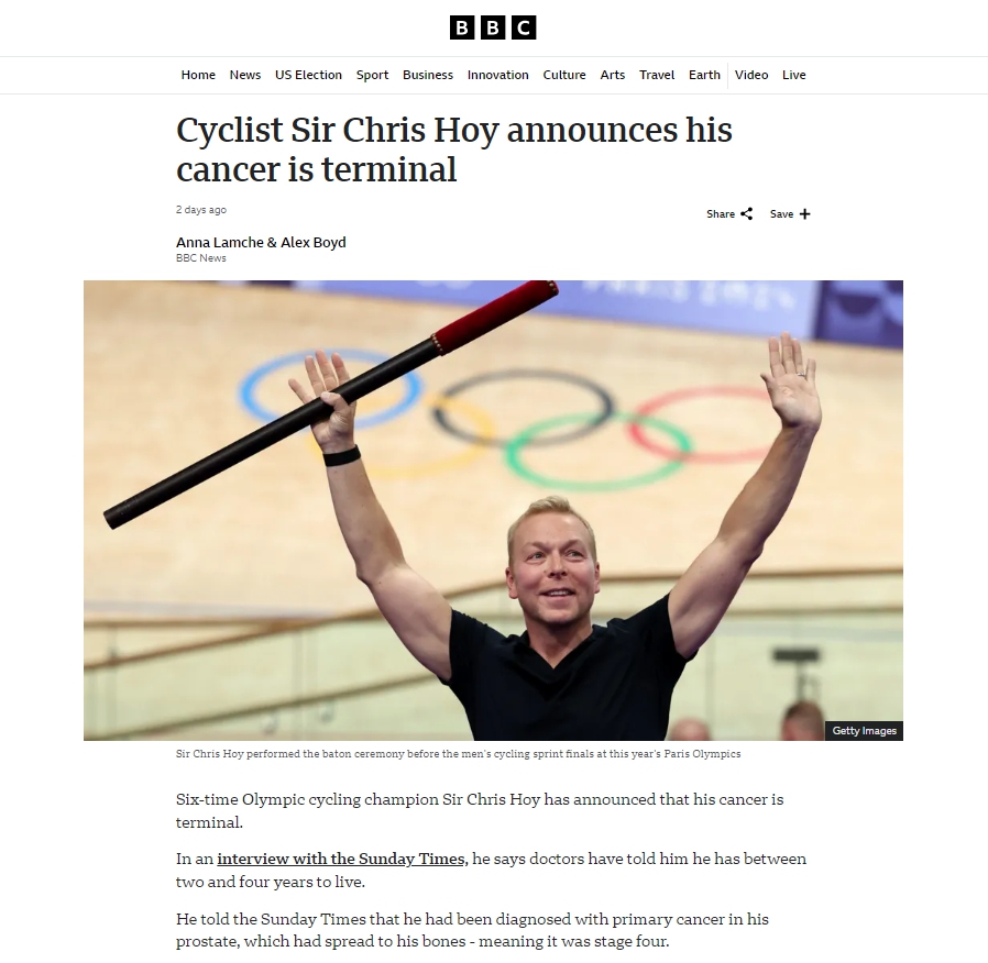 奥运六金王克里斯·霍伊确诊晚期前列腺癌 曾任