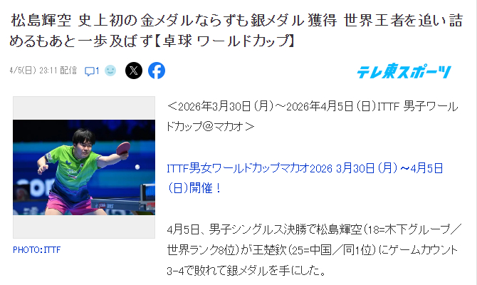 王楚钦逆转松岛辉空夺单打世界杯男单冠军